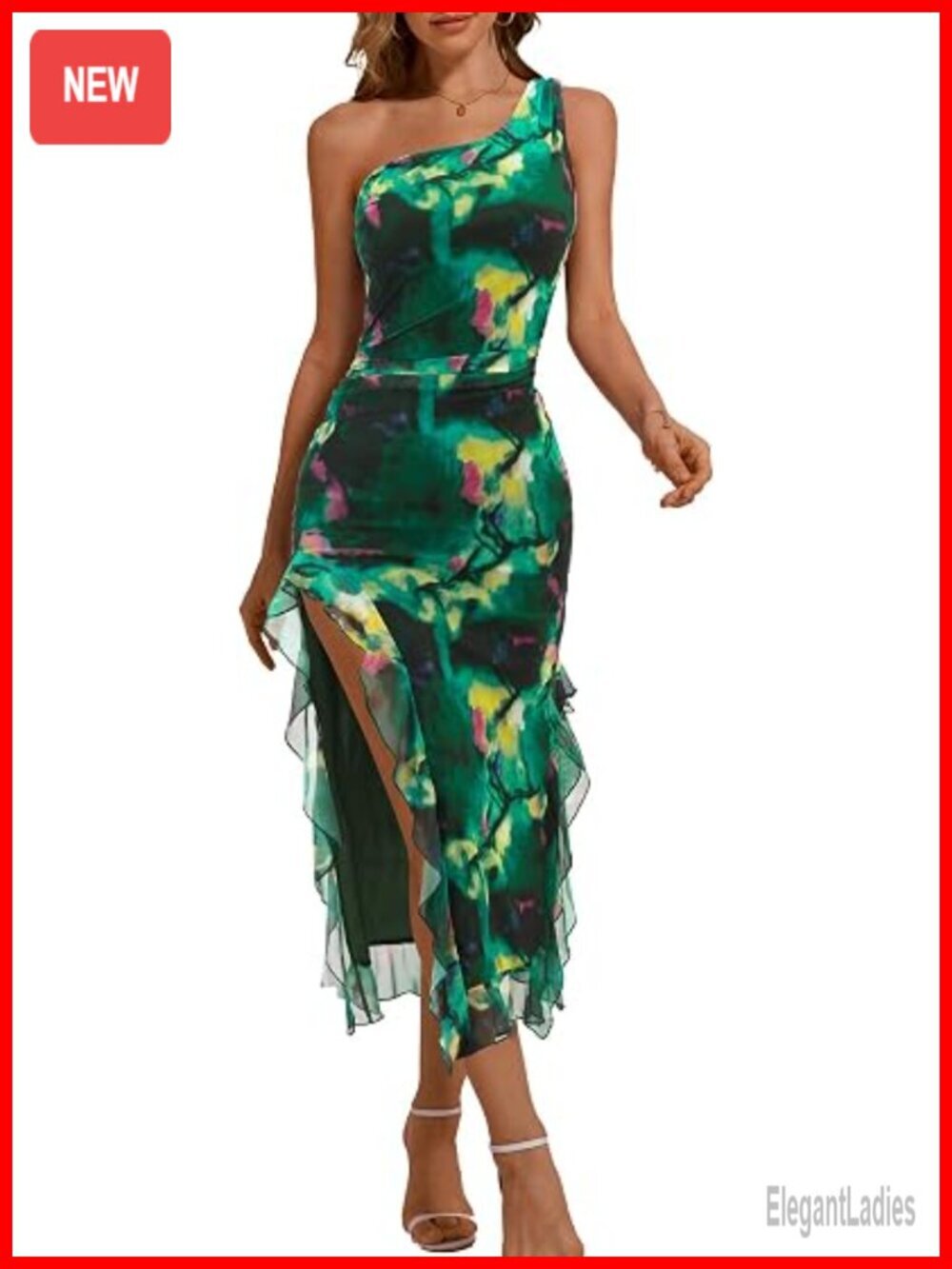 Women's Ruched Bodycon One Shoulder Maxi Dress with Ruffle Slit